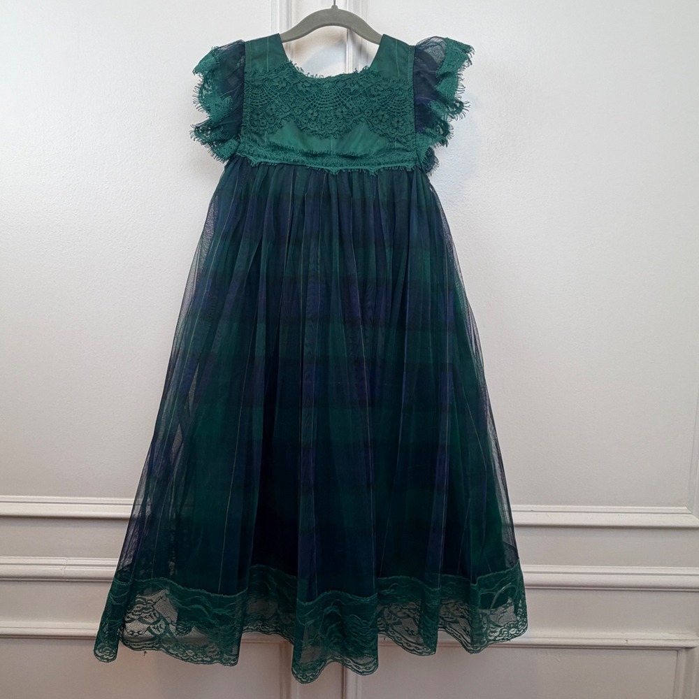 Trish Scully Child Girls Green Navy Plaid Tulle Lace Holiday Dress Size 6